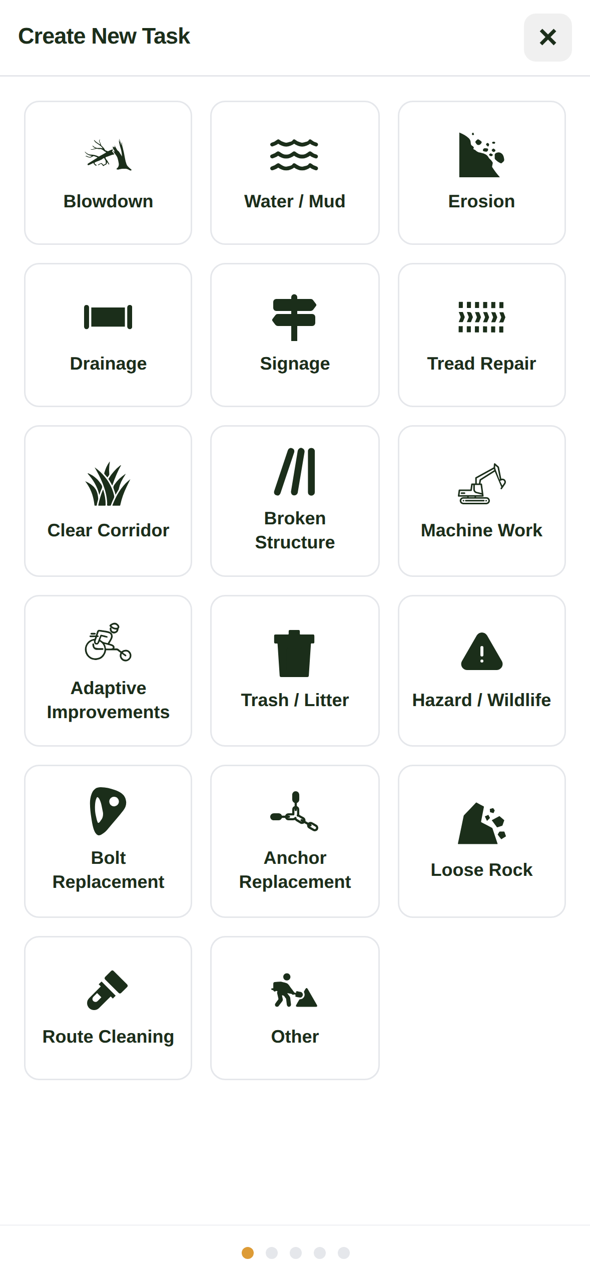 The field app: filing a blowdown from the trail, from the type picker to a saved task