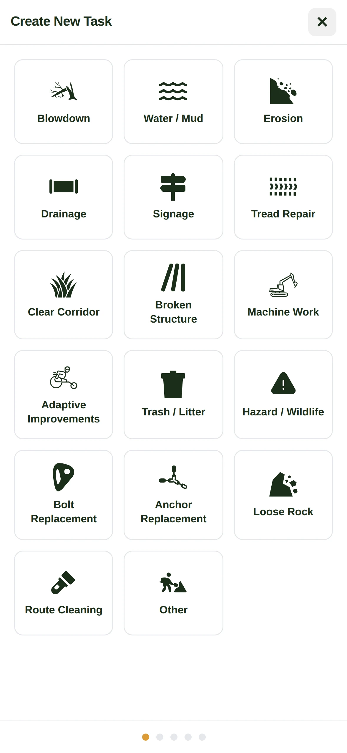 The field app: filing a blowdown from the trail, from the type picker to a saved task