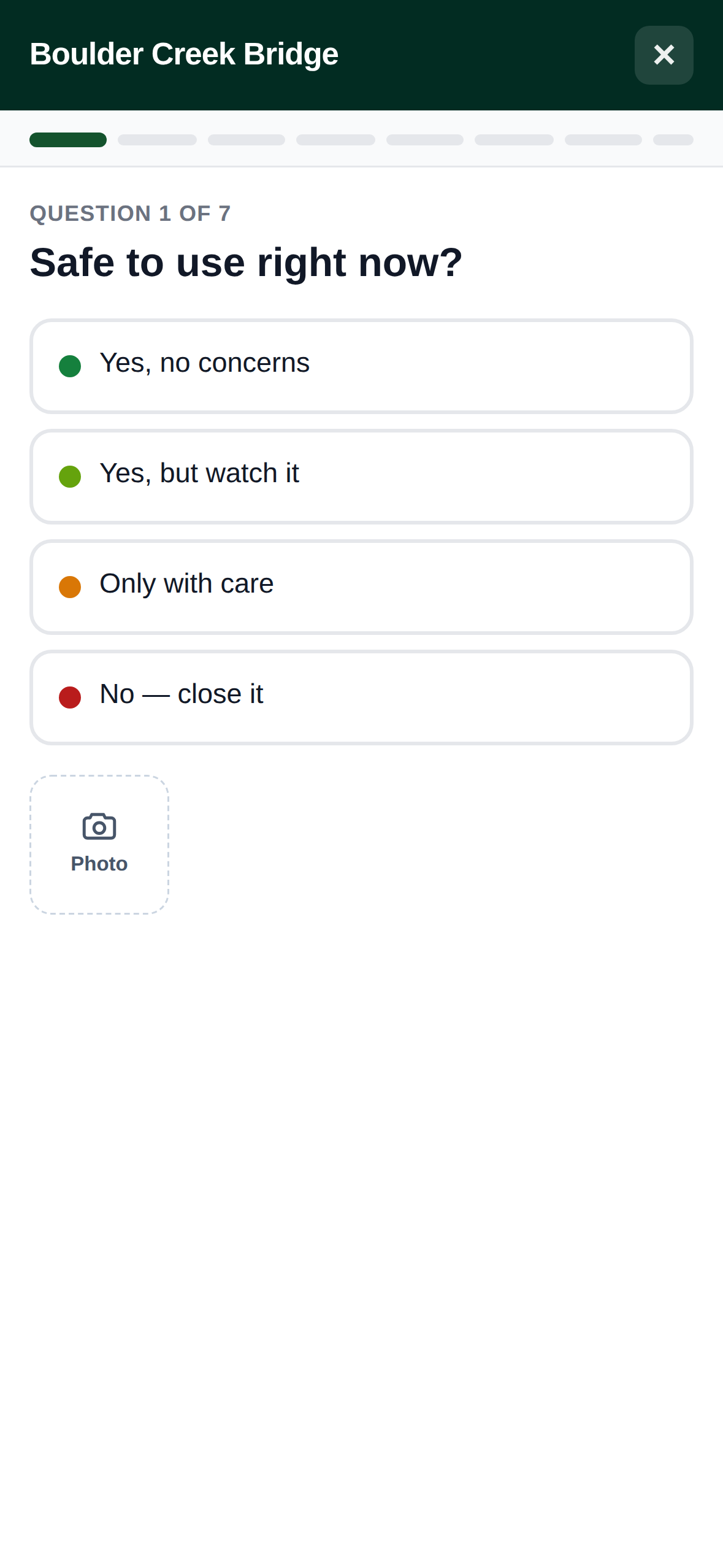 The field app: a seven-question bridge inspection and the record it produces