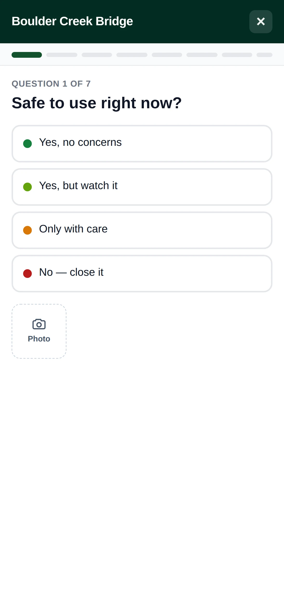 The field app: a seven-question bridge inspection and the record it produces