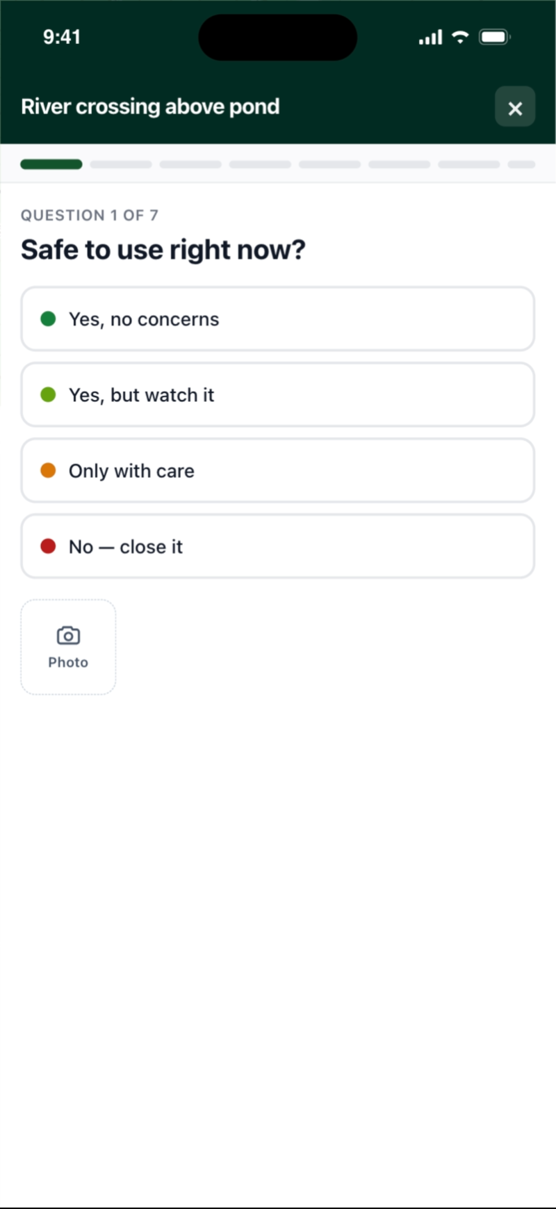 The inspection wizard open on a phone, mid-walk