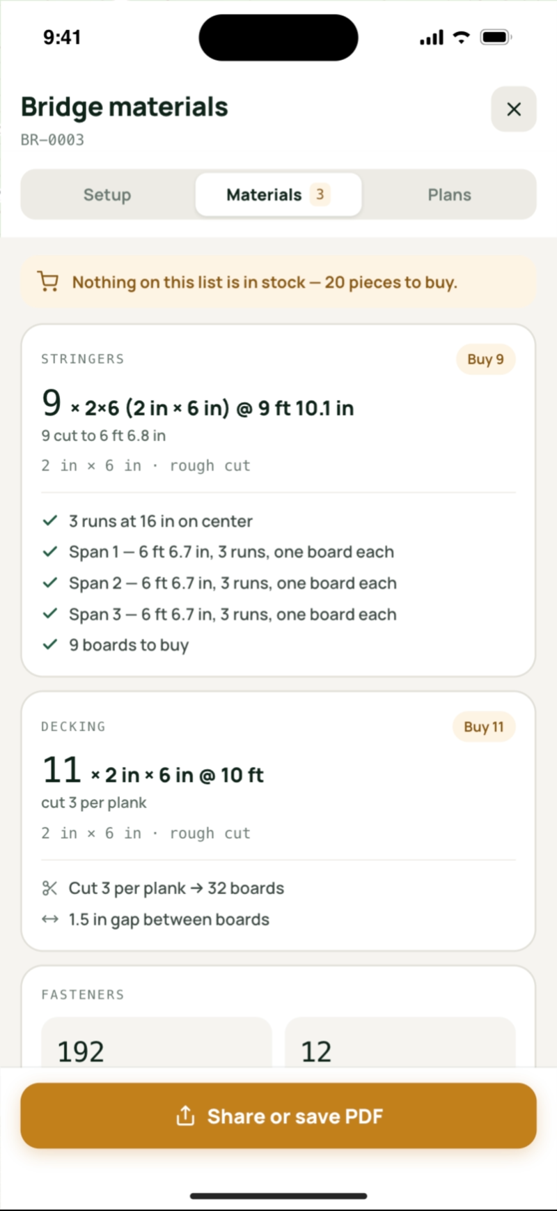 The bridge materials calculator on a phone: a plan of the deck and stringers above the lumber list