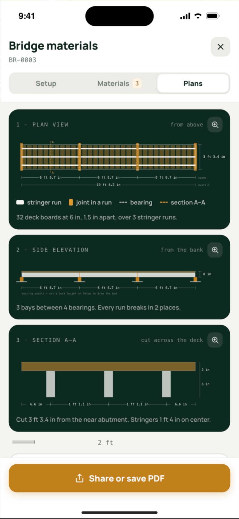 The calculator's Plans tab: the bridge drawn from above, from the side and in section