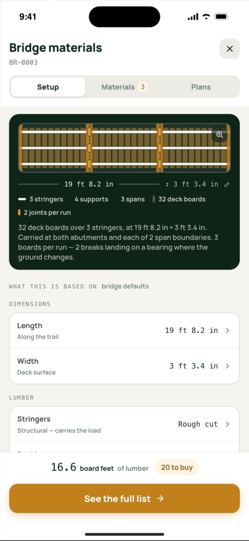 A bridge record on a phone showing its length, width and decking measurements