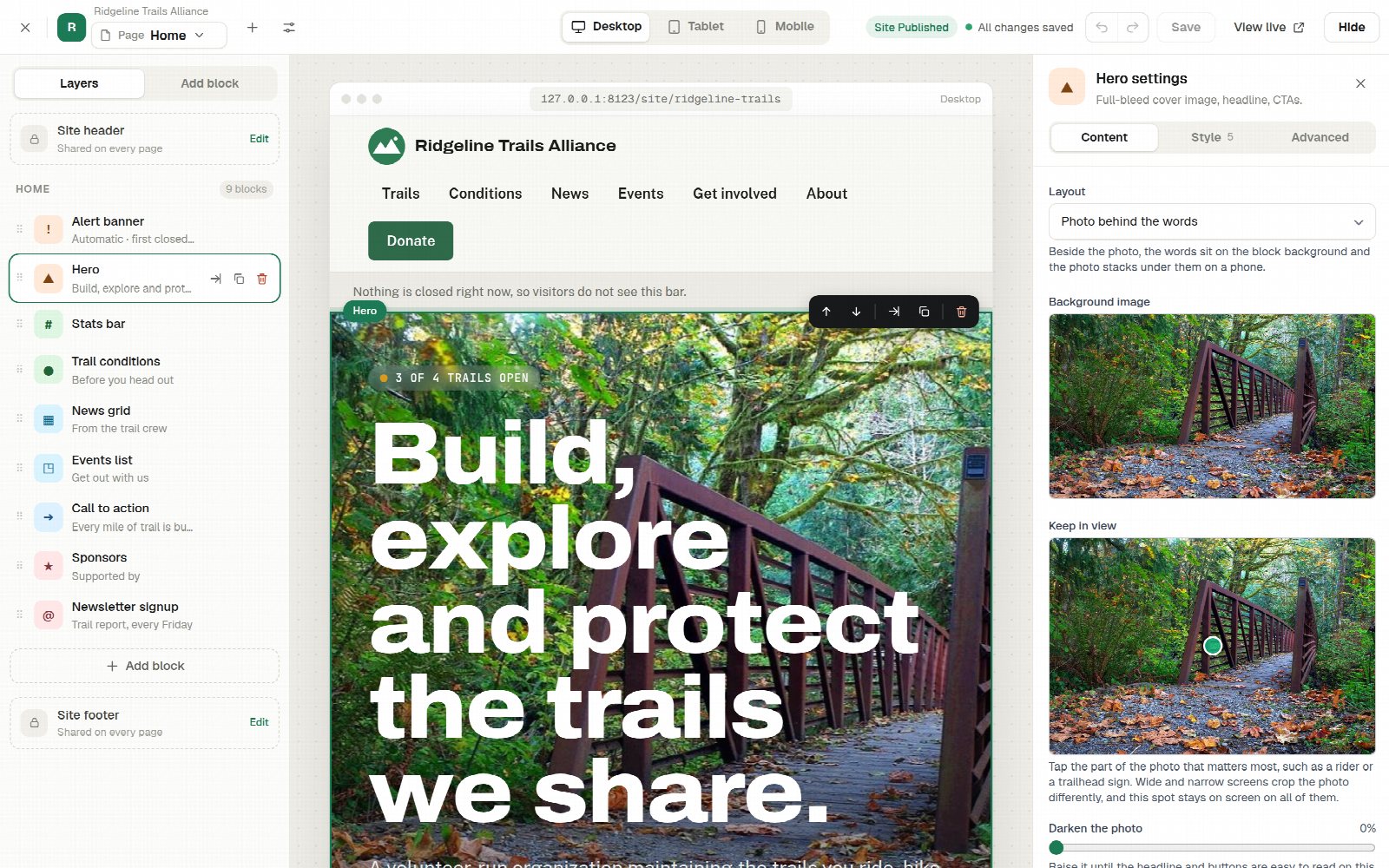The website builder with the page blocks on the left, the page in the middle and the settings on the right