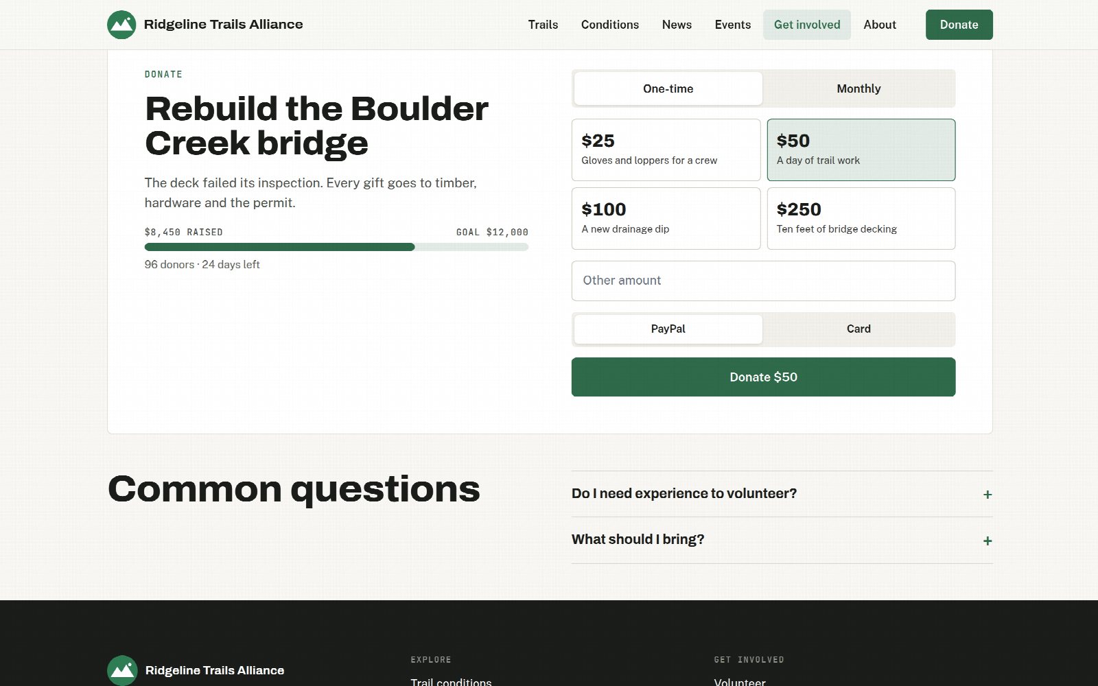 A fundraiser for a bridge rebuild with its progress toward the goal and preset amounts
