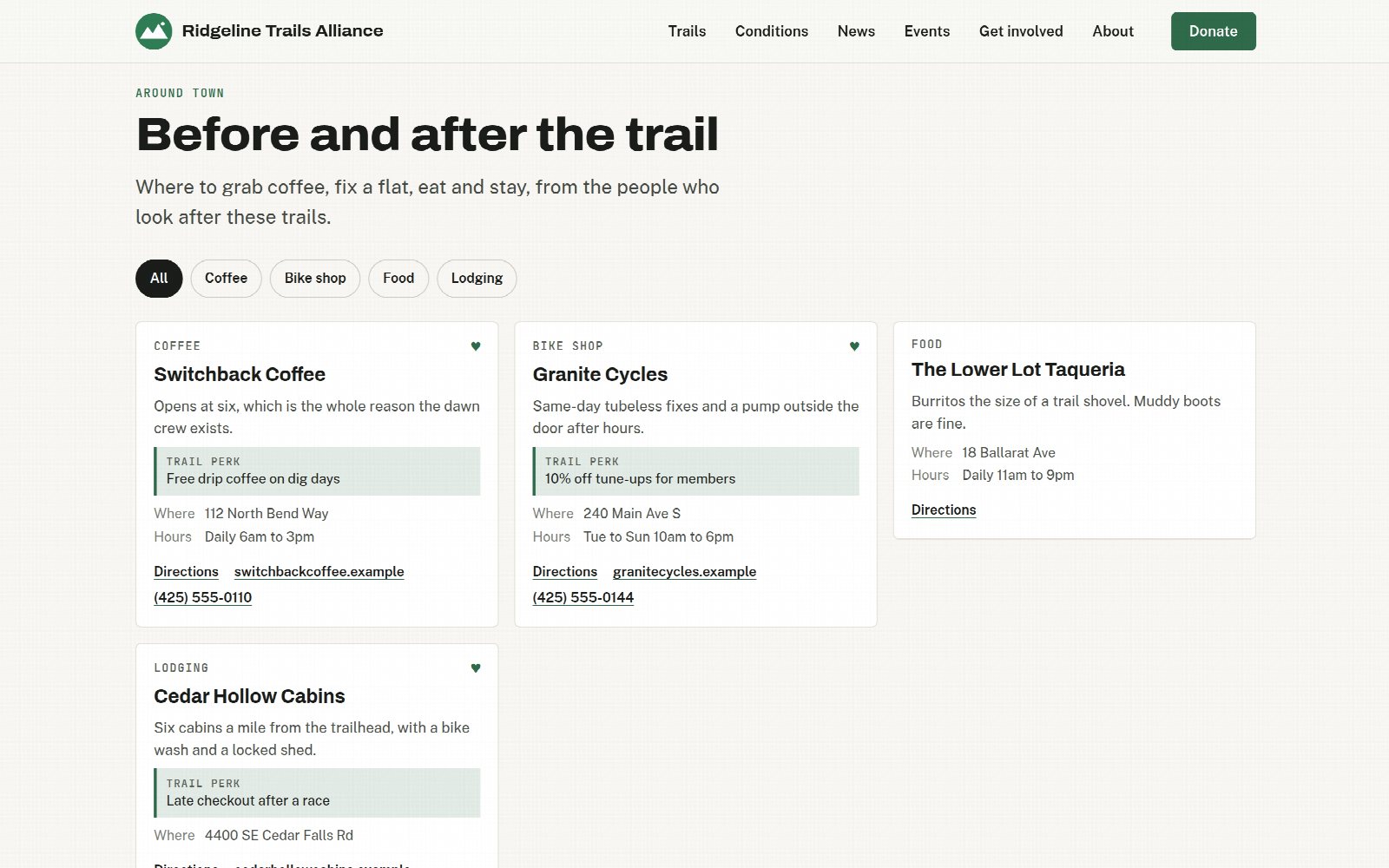 A local guide on the website with a coffee shop, a bike shop, food and cabins