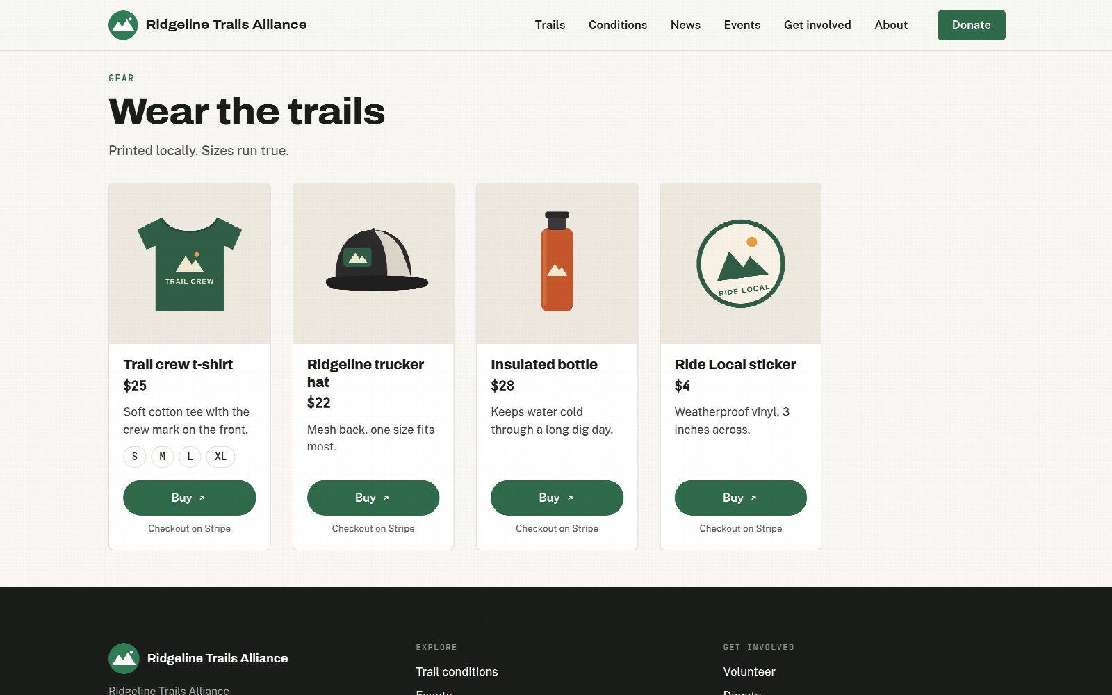 A shop on the website with a t-shirt, a hat, a bottle and a sticker
