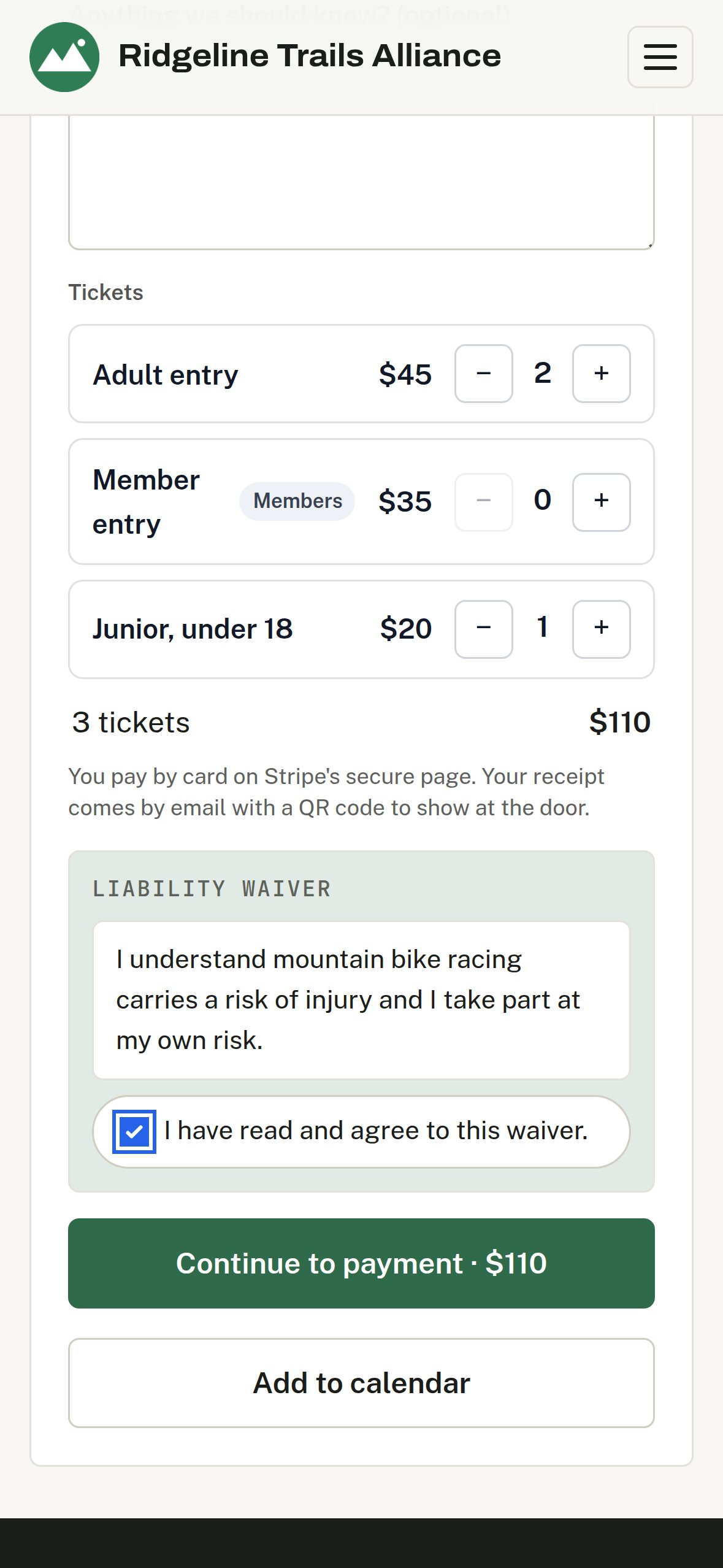 Buying tickets for a race on a phone: two adult entries and a junior entry