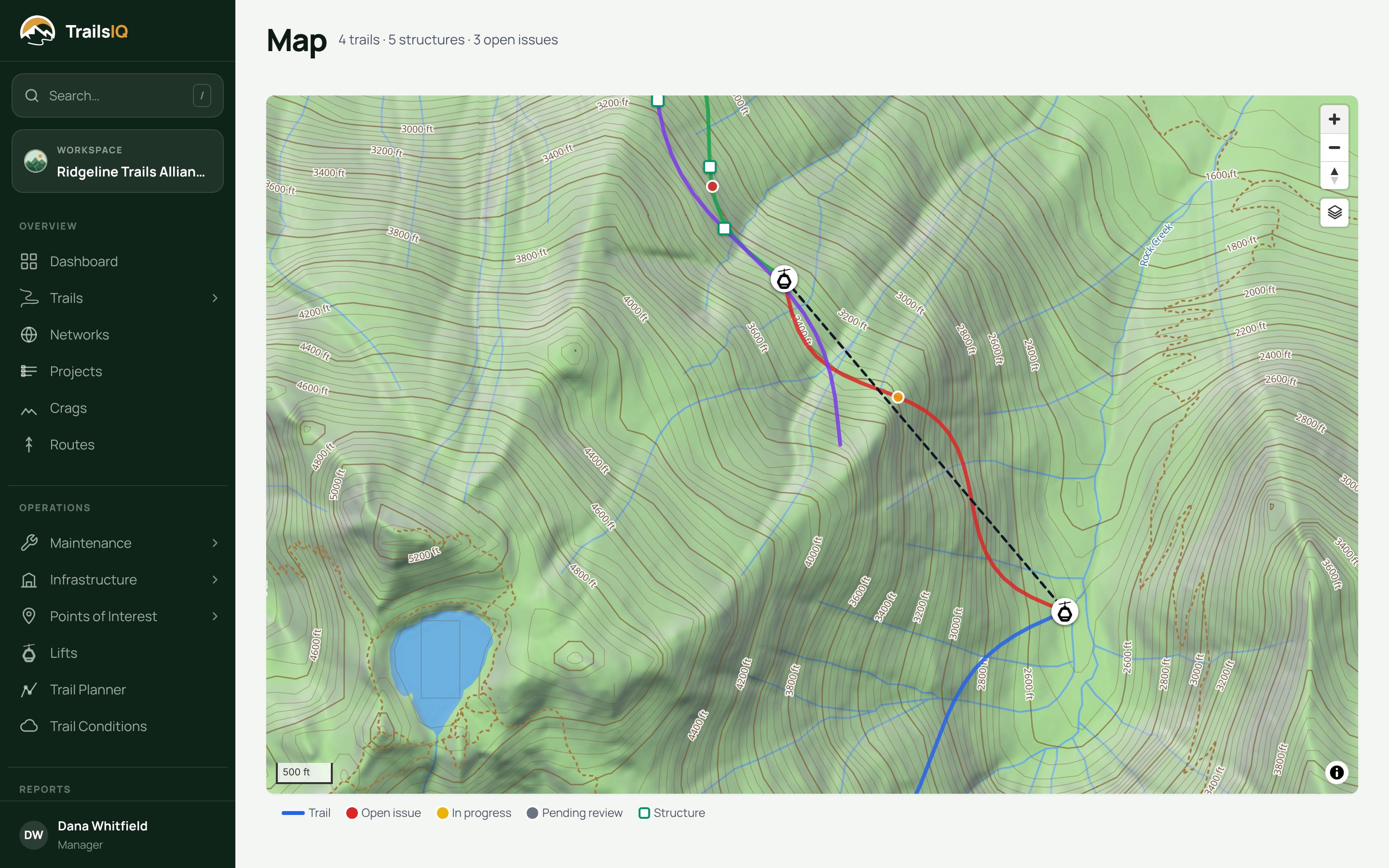 The TrailsIQ map on the dashboard, zoomed in on a trail network