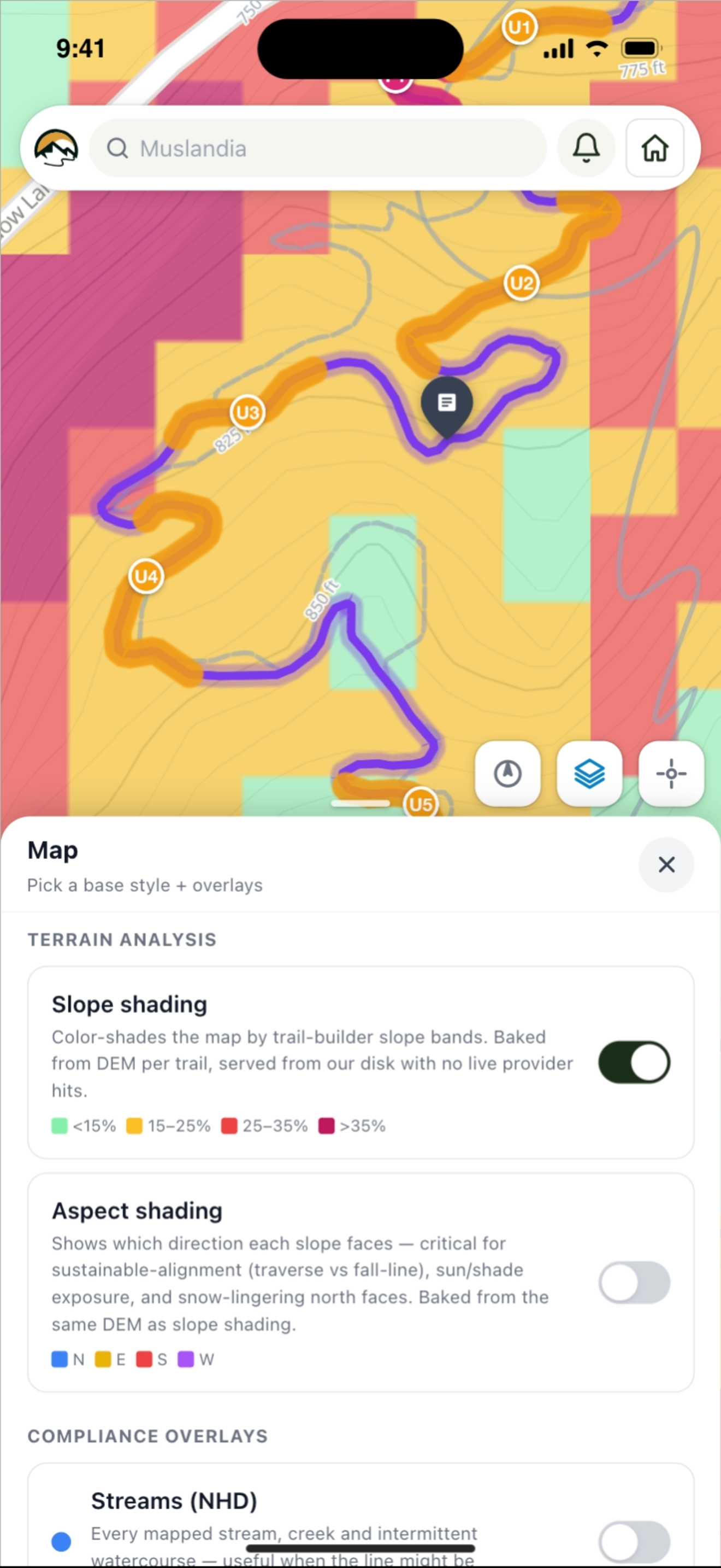 The field app map with terrain and boundary layers switched on over the trail network