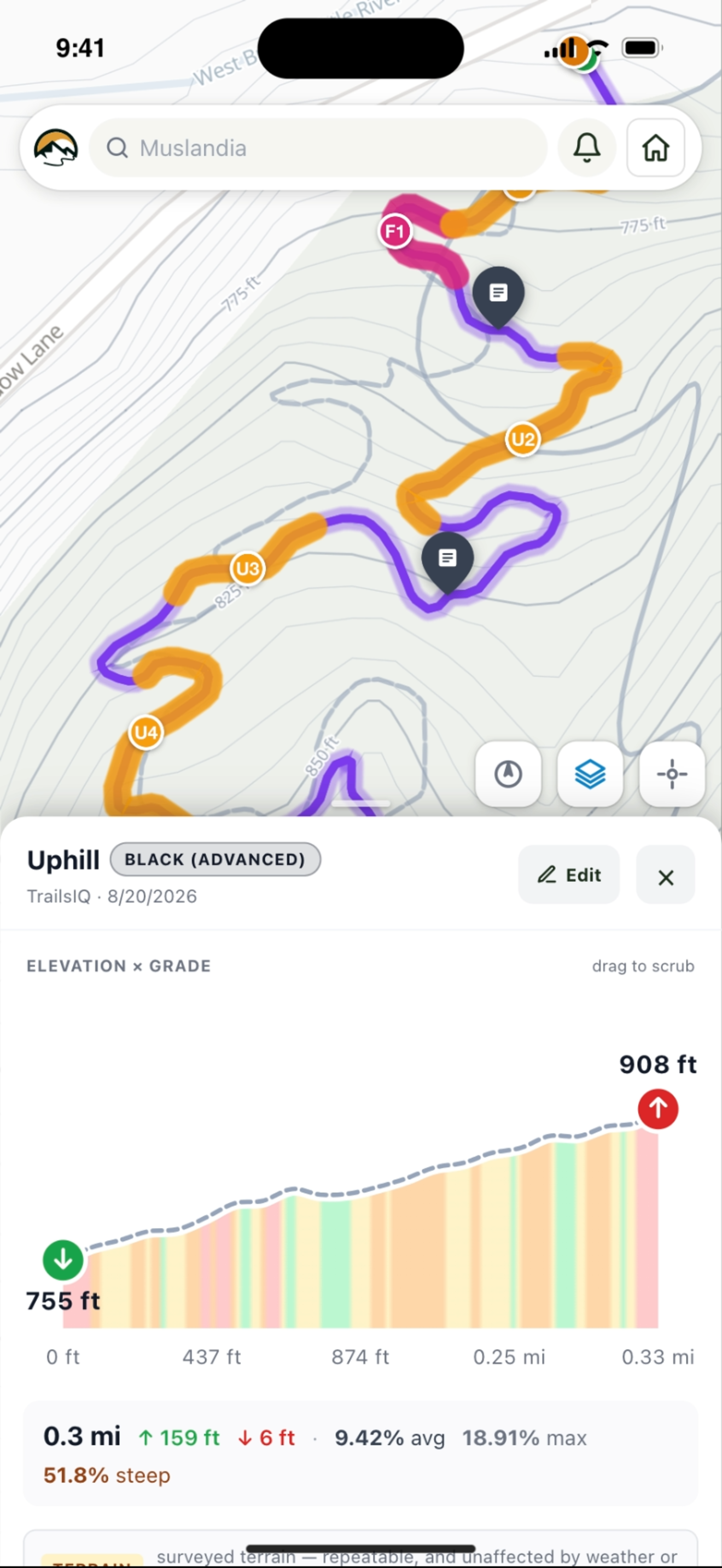 The trail planner open on a phone, with drafts and the record, suggest and draw tools
