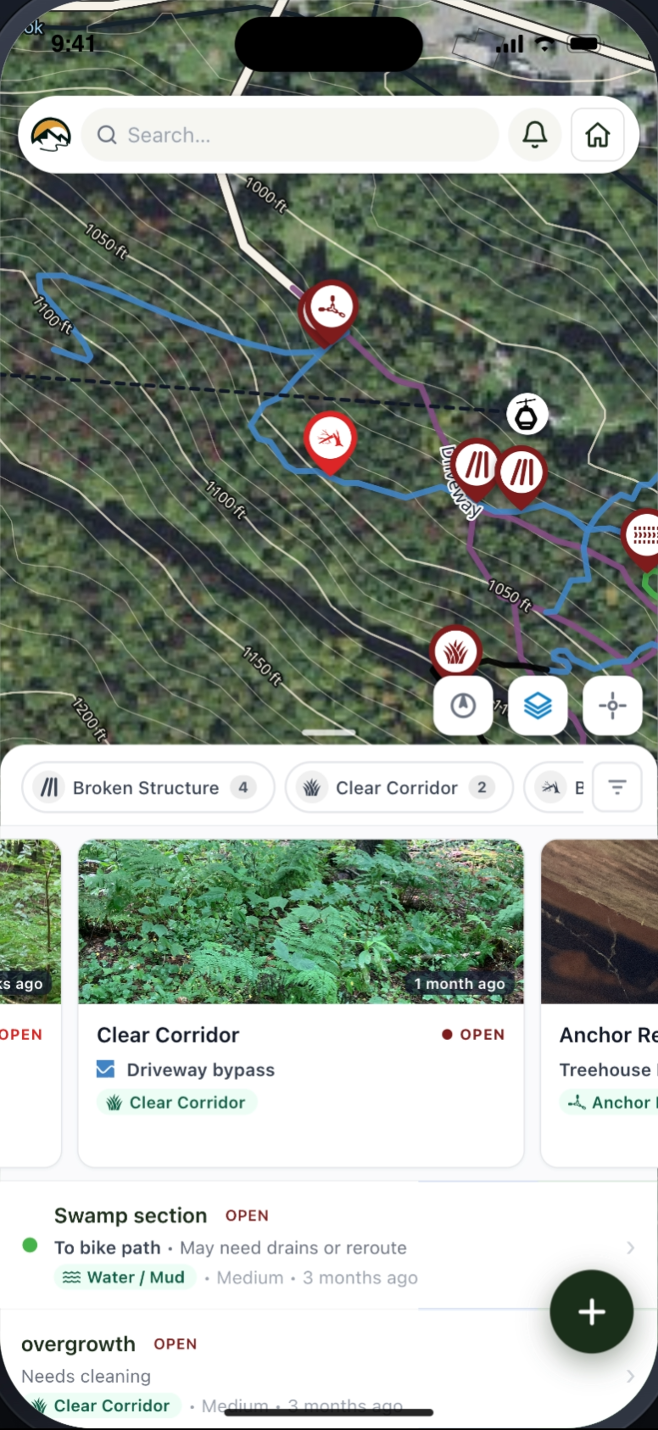 The field app map with maintenance items listed underneath