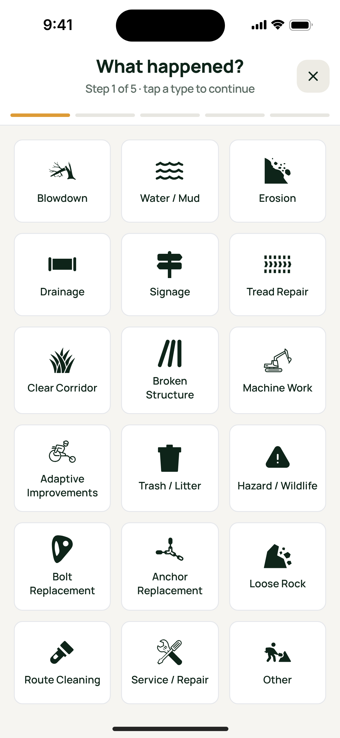 Choosing a maintenance type in the field app