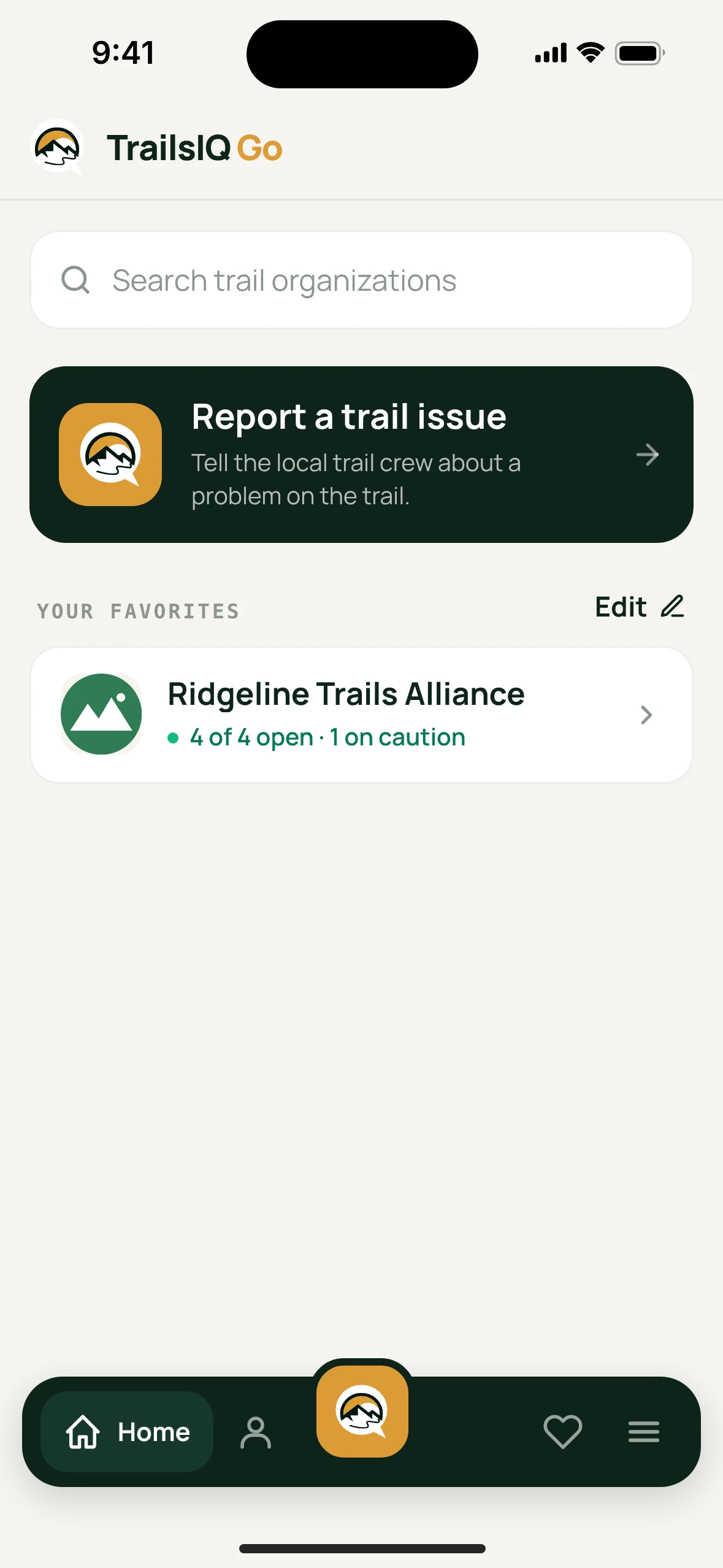 TrailsIQ Go: the home screen, with a followed organization