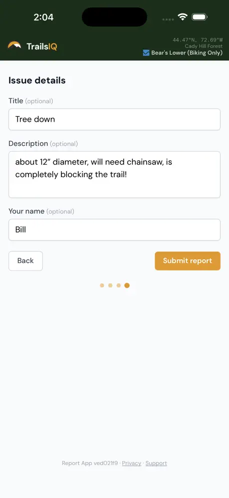 Filling in a trail report: title, description and your name