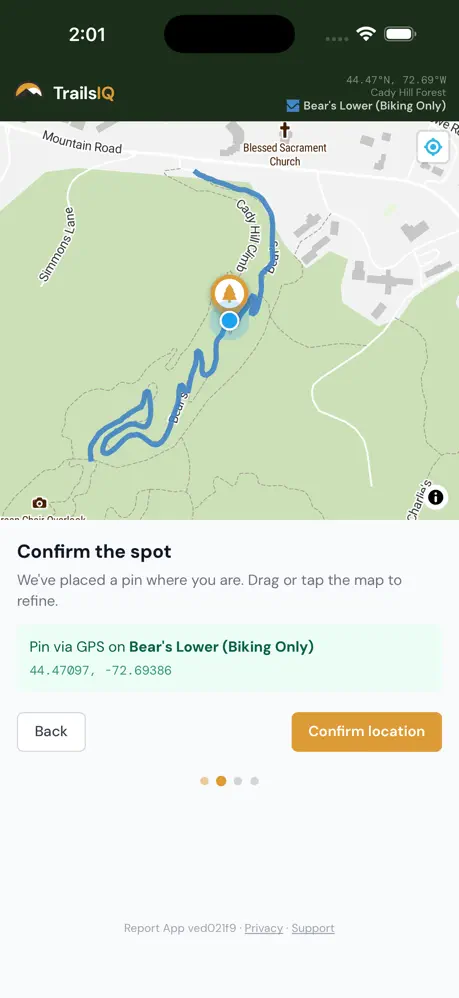 Confirming the spot on the map before submitting a report