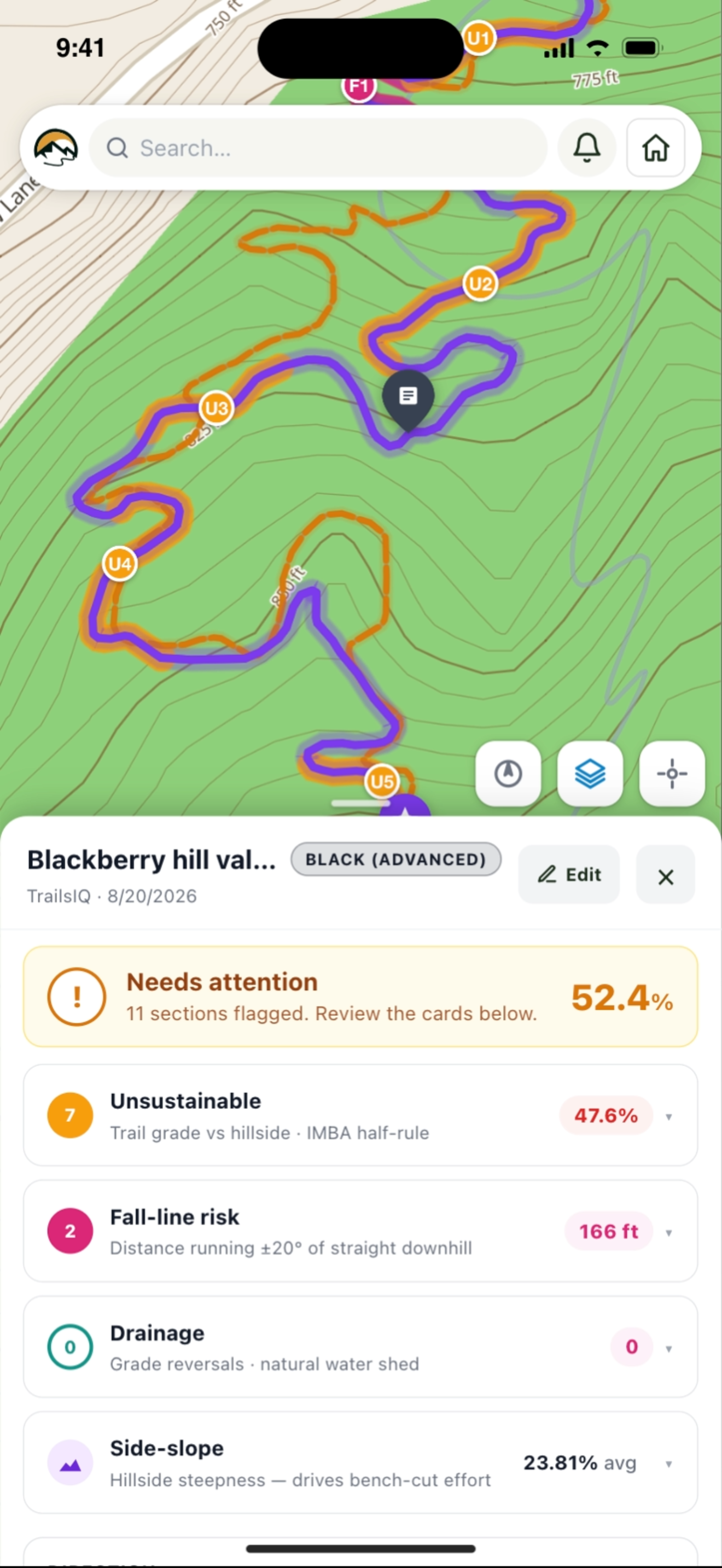 The field app showing a trail on the map with a task open
